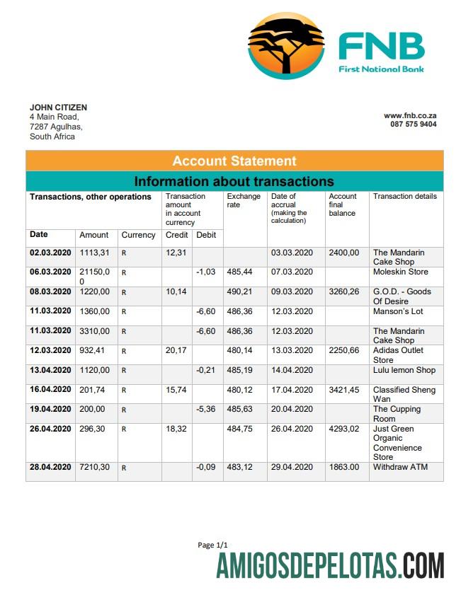 Modelo de comprovante de endereço do First National Bank (FNB) da África do Sul para download em formato Word e PDF